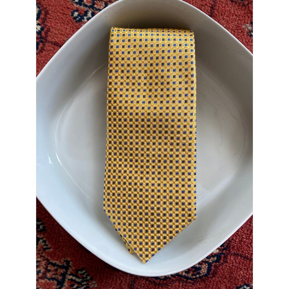 Duchamp London 3" Wide Gold Necktie Navy Blue‎ Mini Squares 100% Silk